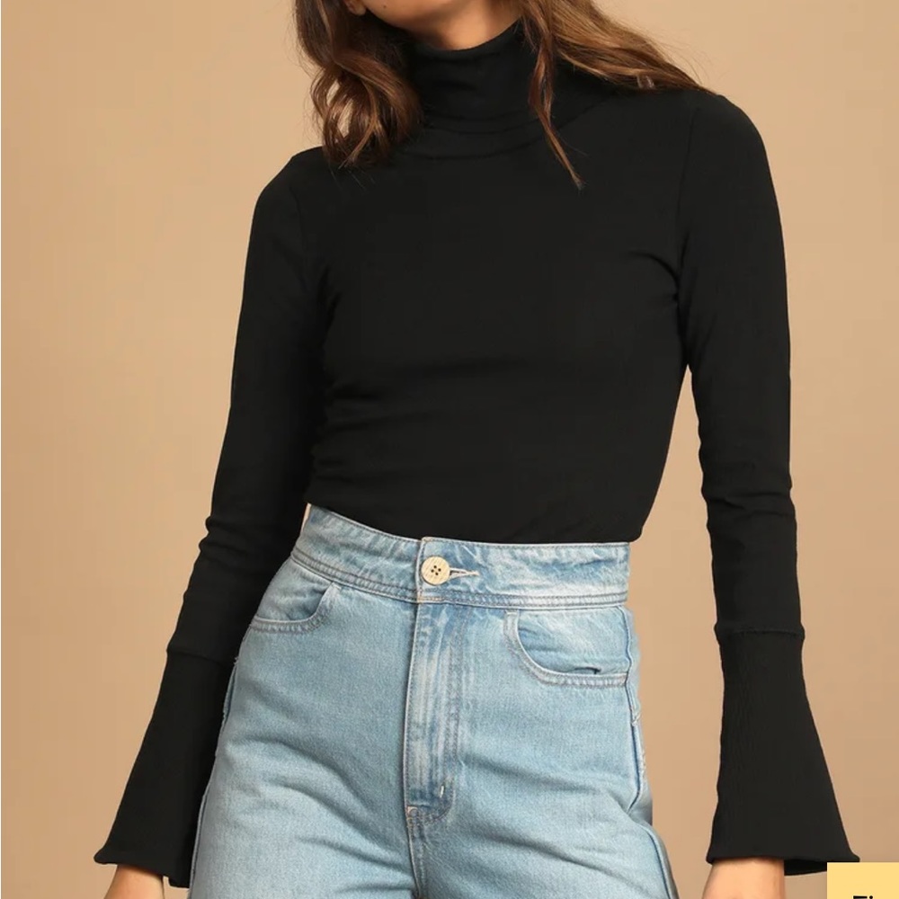 Free people Sydney black ribbed long flounce sleeve turtleneck top